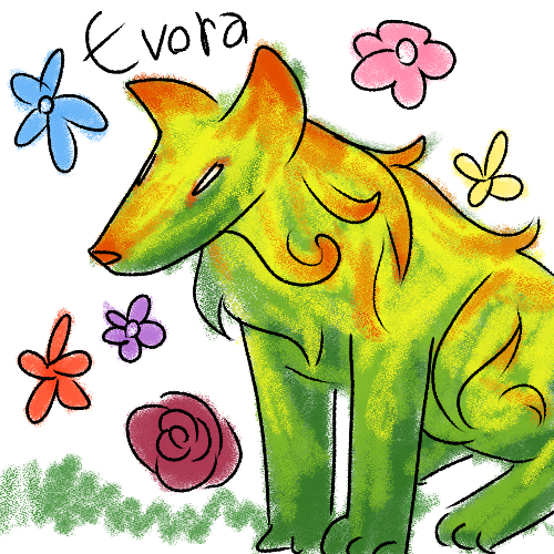 a scribbled drawing of a juvenile fern hound, sitting in the grass and surrounded by crudely drawn flowers. next to her is her name, evora